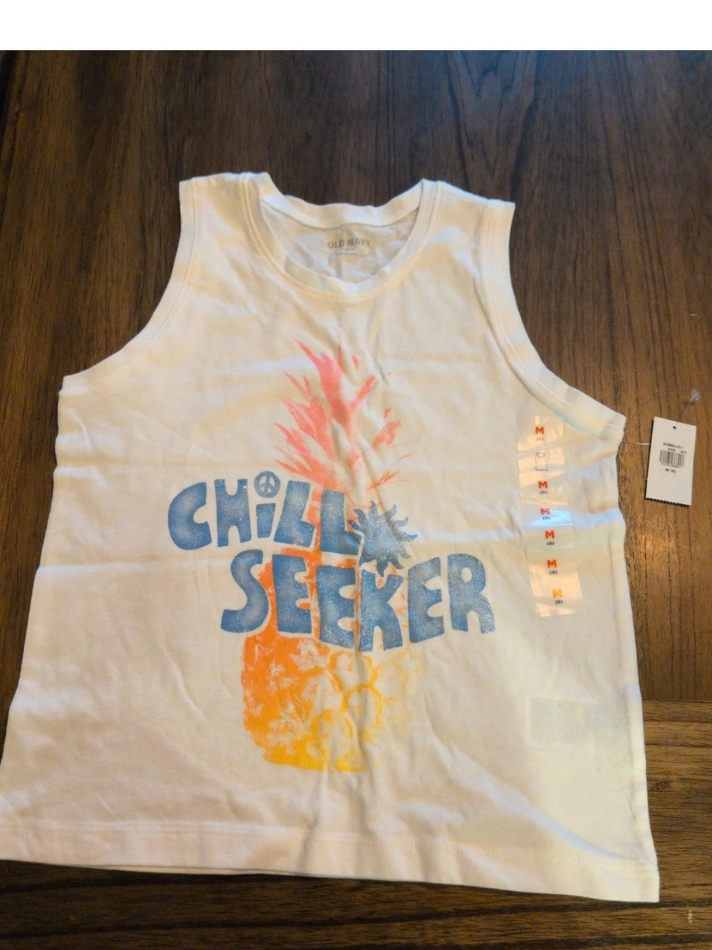 Old Navy White Tank Top with Blue, Orange and Pink Pineapple Graphic